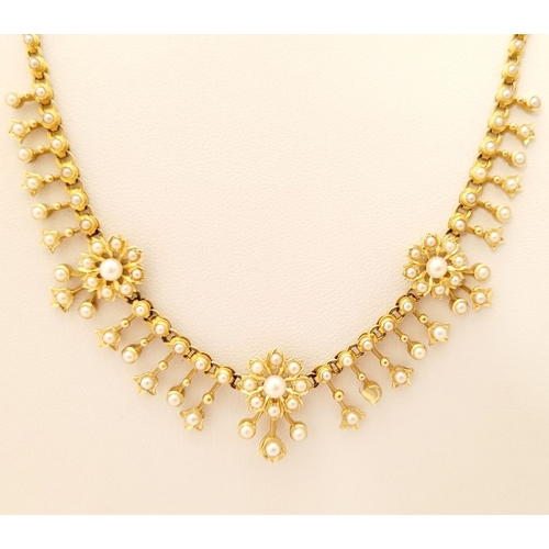 2 - A LATE 19TH CENTURY HANDCRAFTED 15CT YELLOW GOLD & PEARL FRINGE NECKLACE, circa 1890, a beautiful pi... 