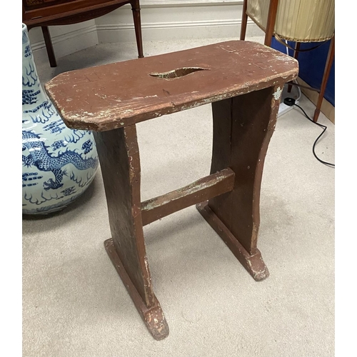 379 - A CHARMING 19TH CENTURY IRISH HAND-MADE FOOTSTOOL, with shaped legs conjoined by cross stretcher. Di... 