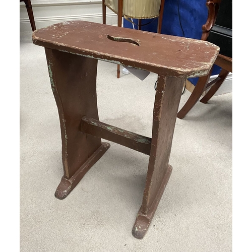 379 - A CHARMING 19TH CENTURY IRISH HAND-MADE FOOTSTOOL, with shaped legs conjoined by cross stretcher. Di... 