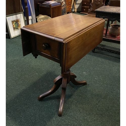 206 - A FINE MAHOGANY DROP LEAF WORK / SIDE TABLE, with one panelled drawer, supported by carved pod base ... 