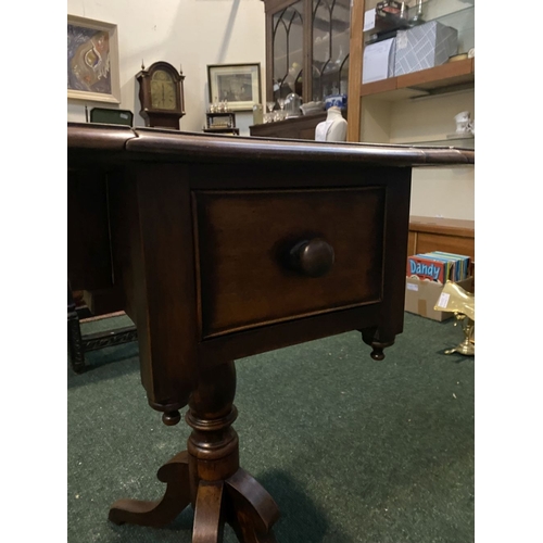 206 - A FINE MAHOGANY DROP LEAF WORK / SIDE TABLE, with one panelled drawer, supported by carved pod base ... 