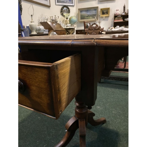 206 - A FINE MAHOGANY DROP LEAF WORK / SIDE TABLE, with one panelled drawer, supported by carved pod base ... 