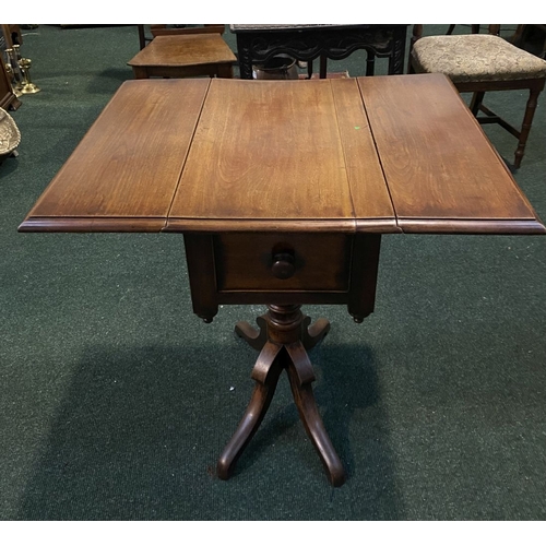 206 - A FINE MAHOGANY DROP LEAF WORK / SIDE TABLE, with one panelled drawer, supported by carved pod base ... 