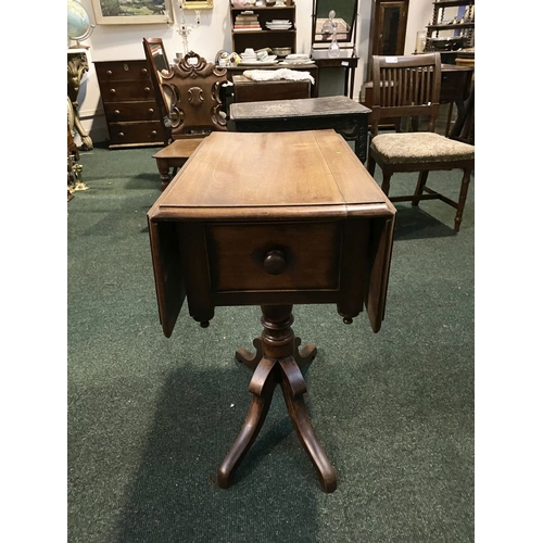 206 - A FINE MAHOGANY DROP LEAF WORK / SIDE TABLE, with one panelled drawer, supported by carved pod base ... 