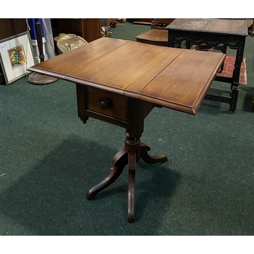 206 - A FINE MAHOGANY DROP LEAF WORK / SIDE TABLE, with one panelled drawer, supported by carved pod base ... 