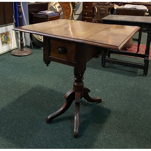 206 - A FINE MAHOGANY DROP LEAF WORK / SIDE TABLE, with one panelled drawer, supported by carved pod base ... 