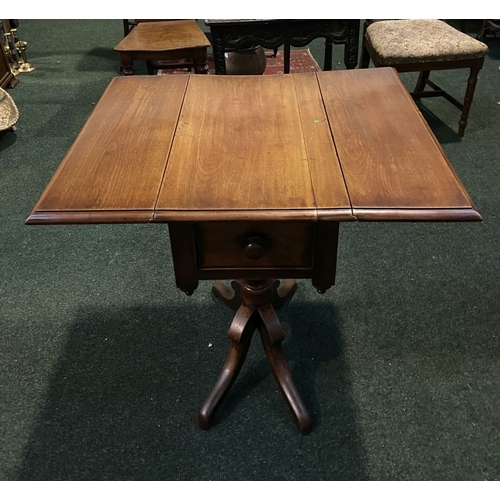 206 - A FINE MAHOGANY DROP LEAF WORK / SIDE TABLE, with one panelled drawer, supported by carved pod base ... 