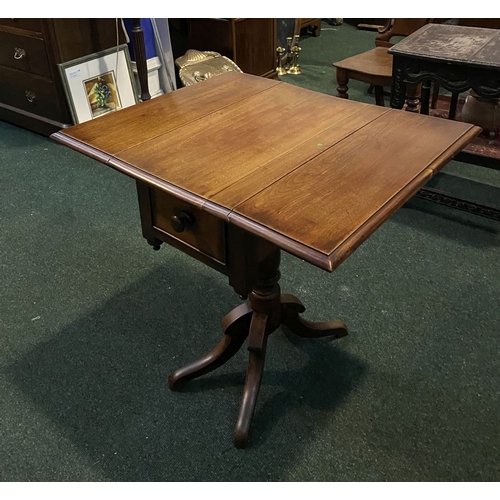 206 - A FINE MAHOGANY DROP LEAF WORK / SIDE TABLE, with one panelled drawer, supported by carved pod base ... 