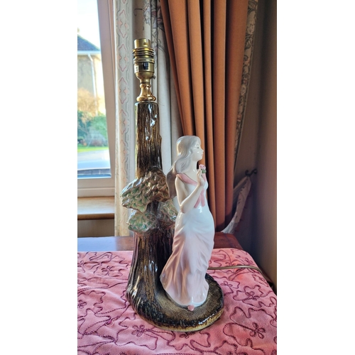 212 - A SPANISH TENGRA TABLE LAMP, made in Valencia. With female figure standing by a tree. Dimensions: 41... 