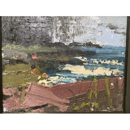 219 - MARTIN STONE (Irish, 20th Century), ‘STORMY DAY WEST CORK TOEHEAD’, oil on canvas, signed verso, ins... 