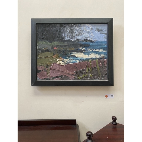 219 - MARTIN STONE (Irish, 20th Century), ‘STORMY DAY WEST CORK TOEHEAD’, oil on canvas, signed verso, ins... 