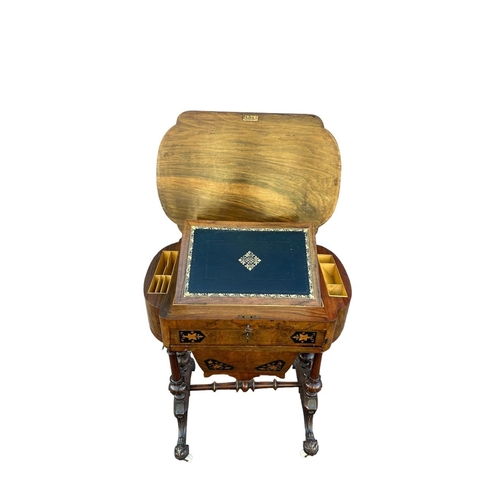 228 - A VERY FINELY CRAFTED 19TH CENTURY WALNUT INLAID WRITING / WORK TABLE, the top of clover shape with ... 