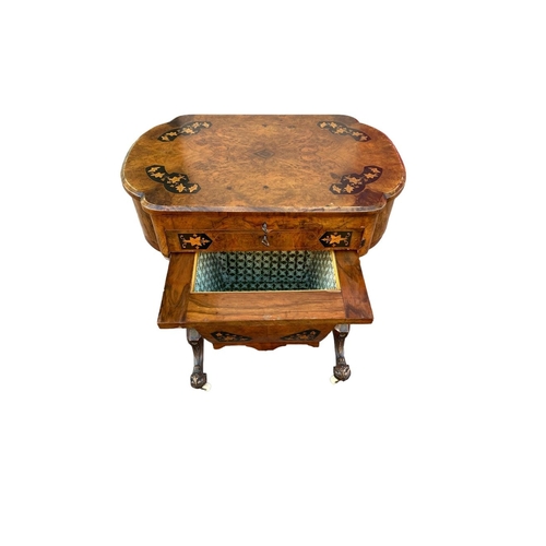 228 - A VERY FINELY CRAFTED 19TH CENTURY WALNUT INLAID WRITING / WORK TABLE, the top of clover shape with ... 