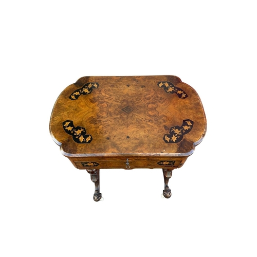 228 - A VERY FINELY CRAFTED 19TH CENTURY WALNUT INLAID WRITING / WORK TABLE, the top of clover shape with ... 