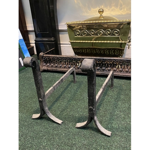 241 - A PAIR OF ANTIQUE CAST IRON ANDIRONS, dimensions: 41.5cm deep x 15.5cm wide x 34cm high approx.