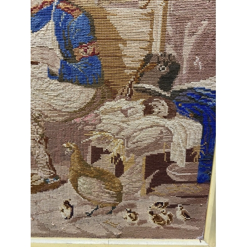 242 - A CHARMING VINTAGE FRAMED WOOLWORK TAPESTRY, depicting a rural scene with mother, child, horses, a d... 