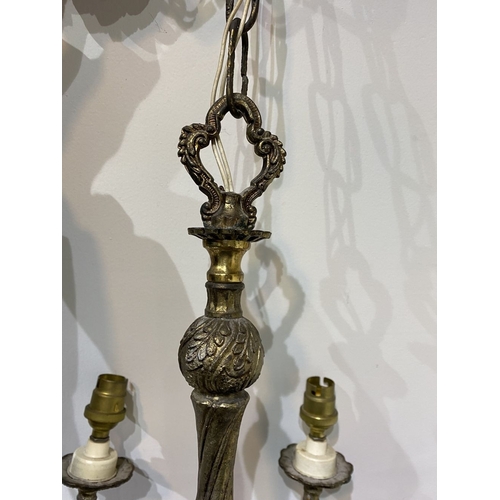 243 - A VINTAGE SOLD BRASS FIVE BRANCH CHANDELIER, with decorative support and foliate decoration to five ... 