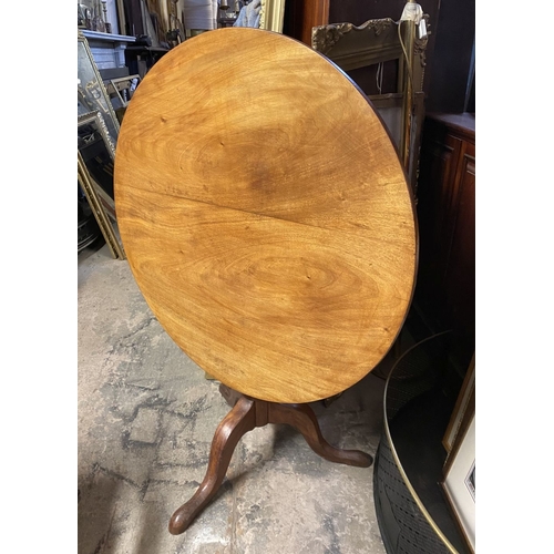 244 - A 19TH CENTURY MAHOGANY TIP UP TABLE, circular top on turned support atop tripod base with cabriole ... 