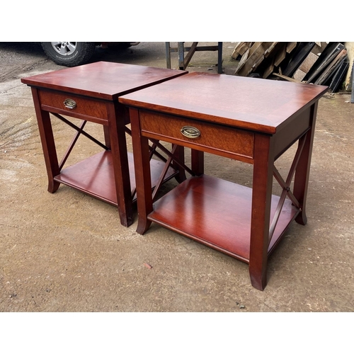 245 - A PAIR OF IRISH MADE SINGLE DRAWER SIDE TABLE / LAMP TABLES, with an ‘x’ shaped support to the sides... 