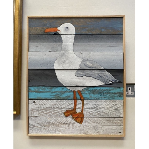 256 - KEN PARKER, (IRISH, 20TH CENTURY), ‘SEAGULL’, acrylic on wood panels, signed with initials lower rig... 