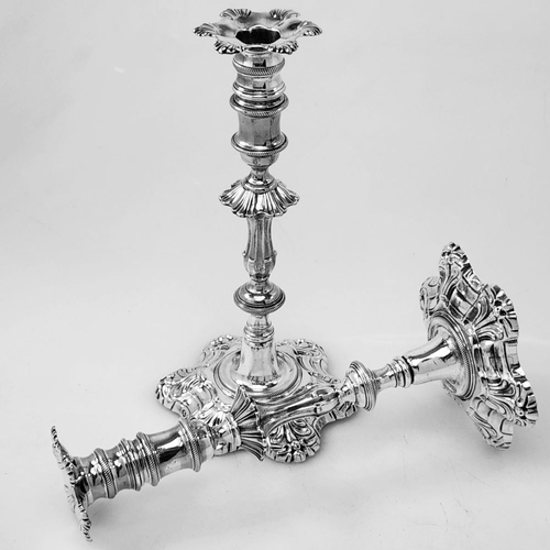 26 - AN EXQUISITE PAIR OF IRISH GEORGE II CAST SILVER CANDLESTICKS, Made in Dublin c.1750, Maker likely J... 