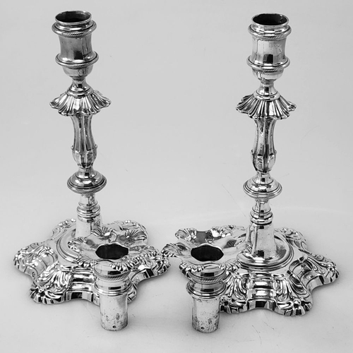 26 - AN EXQUISITE PAIR OF IRISH GEORGE II CAST SILVER CANDLESTICKS, Made in Dublin c.1750, Maker likely J... 