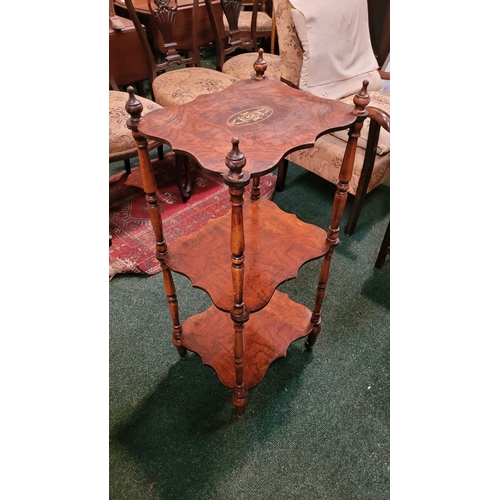 269 - A GOOD QUALITY THREE-TIER INLAID WHAT-NOT TABLE, with raised turned finials to the top & a central i... 