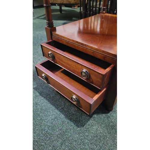 275 - A GOOD QUALITY MAHOGANY LAMP / SIDE TABLE, maker's label to the interior, with a raised gallery side... 