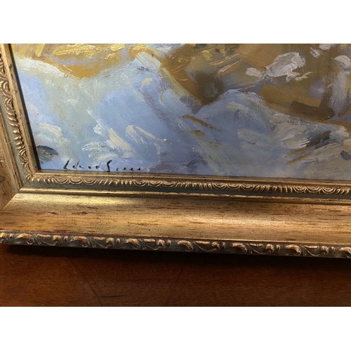 279 - A BEAUTIFUL GILT FRAMED OIL ON BOARD, depicting vibrant coastal scene with boats, indistinctly signe... 