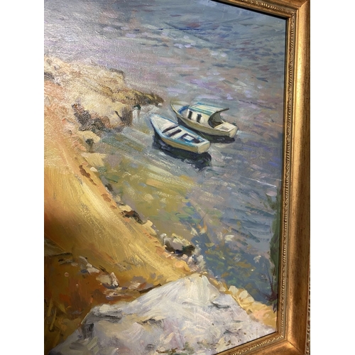 279 - A BEAUTIFUL GILT FRAMED OIL ON BOARD, depicting vibrant coastal scene with boats, indistinctly signe... 