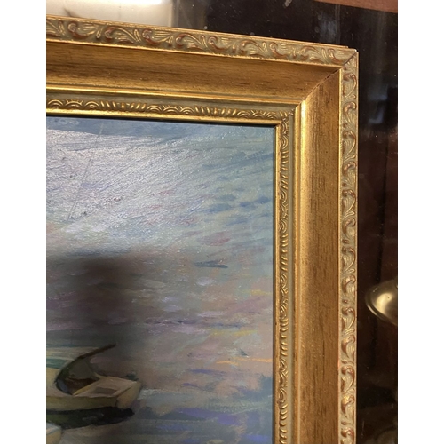 279 - A BEAUTIFUL GILT FRAMED OIL ON BOARD, depicting vibrant coastal scene with boats, indistinctly signe... 