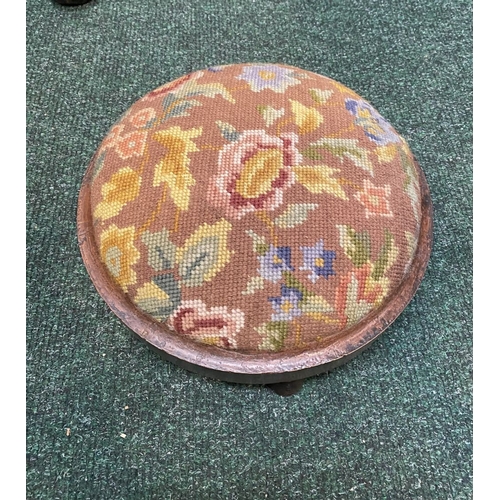 292 - A CIRCULAR MAHOGANY NEEDLEPOINT FOOTSTOOL, dimensions: 27.5cm diameter x 10cm high approx