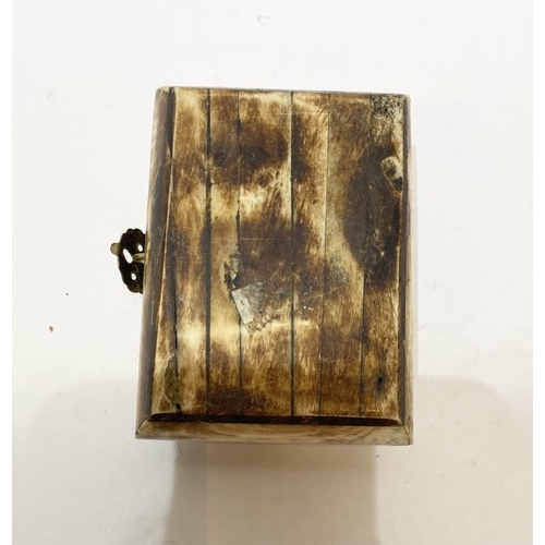 296 - AN ANTIQUE CARVED BONE TRINKET BOX, with brass bindings, decorative brass hinges and clasp to front,... 