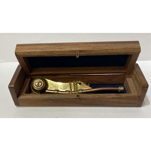 297 - A HARDWOOD BOX WITH BRASS ANCHOR MOUNT, with brass and copper boatswain whistle to interior. Dimensi... 