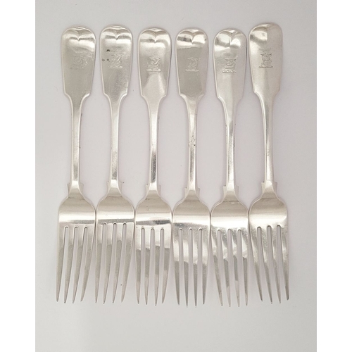 3 - AN EXCEPTIONAL SET OF 6 IRISH – CORK – SILVER DINNER FORKS, by Richard Garde, fiddle shaped, with en... 