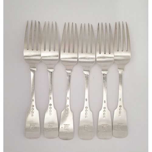 3 - AN EXCEPTIONAL SET OF 6 IRISH – CORK – SILVER DINNER FORKS, by Richard Garde, fiddle shaped, with en... 