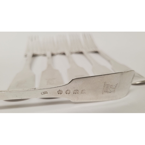 3 - AN EXCEPTIONAL SET OF 6 IRISH – CORK – SILVER DINNER FORKS, by Richard Garde, fiddle shaped, with en... 