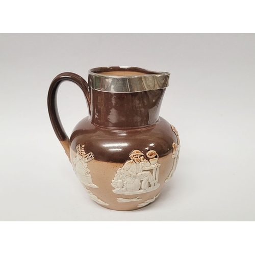 303 - AN EARLY 20TH CENTURY SILVER RIMMED DOULTON & LAMBETH JUG, with harvest design to the exterior, impr... 