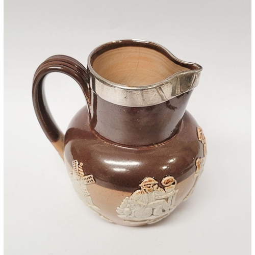 303 - AN EARLY 20TH CENTURY SILVER RIMMED DOULTON & LAMBETH JUG, with harvest design to the exterior, impr... 