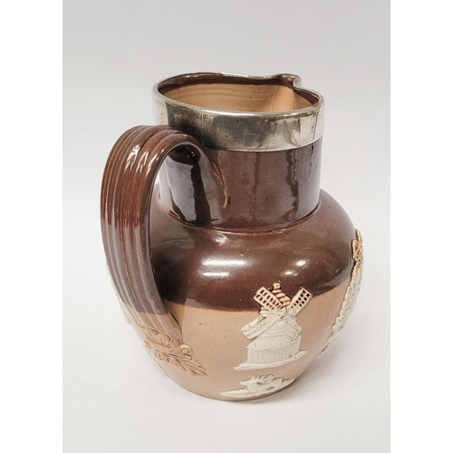 303 - AN EARLY 20TH CENTURY SILVER RIMMED DOULTON & LAMBETH JUG, with harvest design to the exterior, impr... 