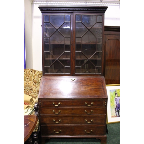 304 - A LATE 19TH CENTURY MAHOGANY BUREAU BOOKCASE, with a 2 door astragal top case, with dentil cornice, ... 