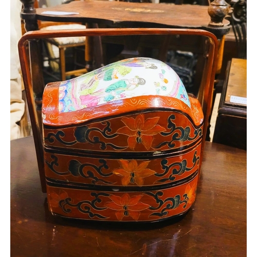 31 - A LOVELY VINTAGE THREE TIER PORCELAIN TOPPED CHINESE WEDDING BASKET, with curved handle, the top lid... 