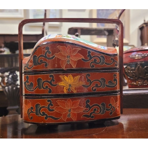 31 - A LOVELY VINTAGE THREE TIER PORCELAIN TOPPED CHINESE WEDDING BASKET, with curved handle, the top lid... 