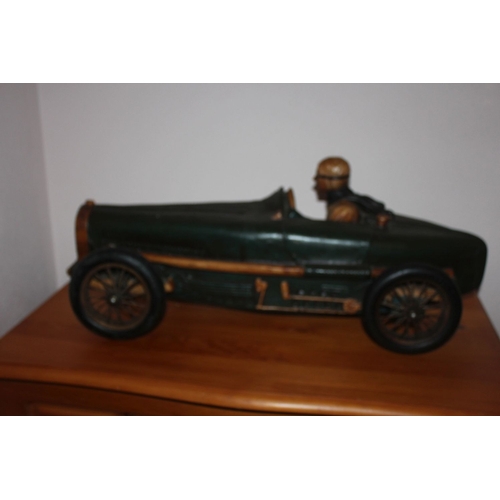 330 - A VINTAGE CARVED BUGATTI RACING CAR SCULPTURE, dimensions: 25cm x 65cm x 28cm approx.