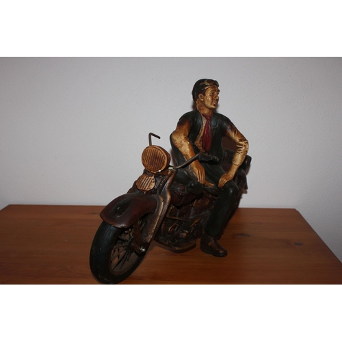 331 - A VINTAGE CARVED HARLEY DAVIDSON SCULPTURE, dimensions: 35cm x 50cm x 15cm approx.