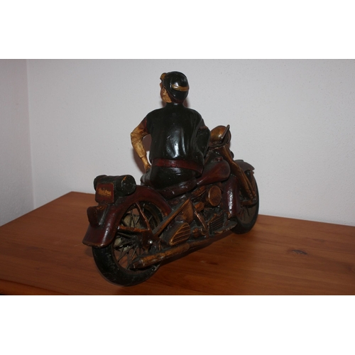 331 - A VINTAGE CARVED HARLEY DAVIDSON SCULPTURE, dimensions: 35cm x 50cm x 15cm approx.