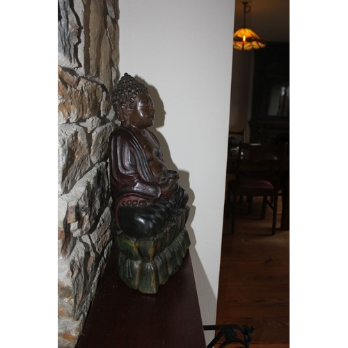 332 - A HARDWOOD CARVED SEATED BUDDHA SCULPTURE, dimensions: 49cm x 26cm x 14cm approx.