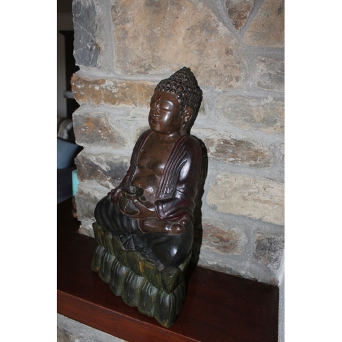 332 - A HARDWOOD CARVED SEATED BUDDHA SCULPTURE, dimensions: 49cm x 26cm x 14cm approx.