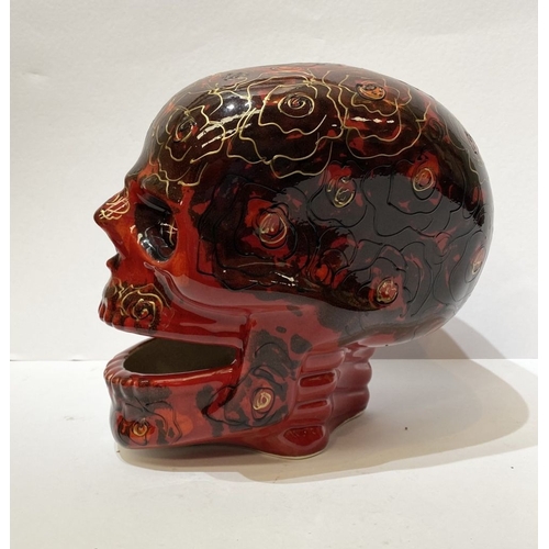 338 - A VINTAGE ANITA HARRIS SKULL FIGURINE, highly decorative with gilt painted details, stamped and sign... 