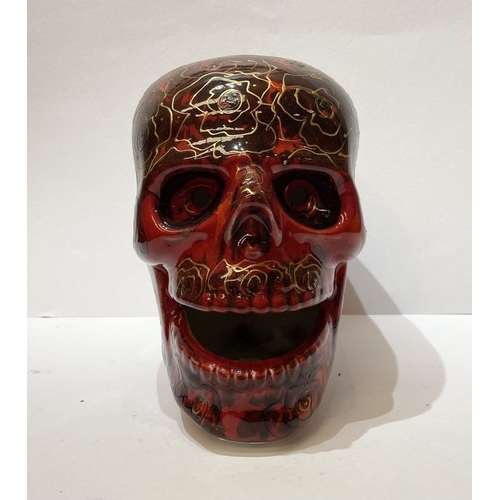 338 - A VINTAGE ANITA HARRIS SKULL FIGURINE, highly decorative with gilt painted details, stamped and sign... 